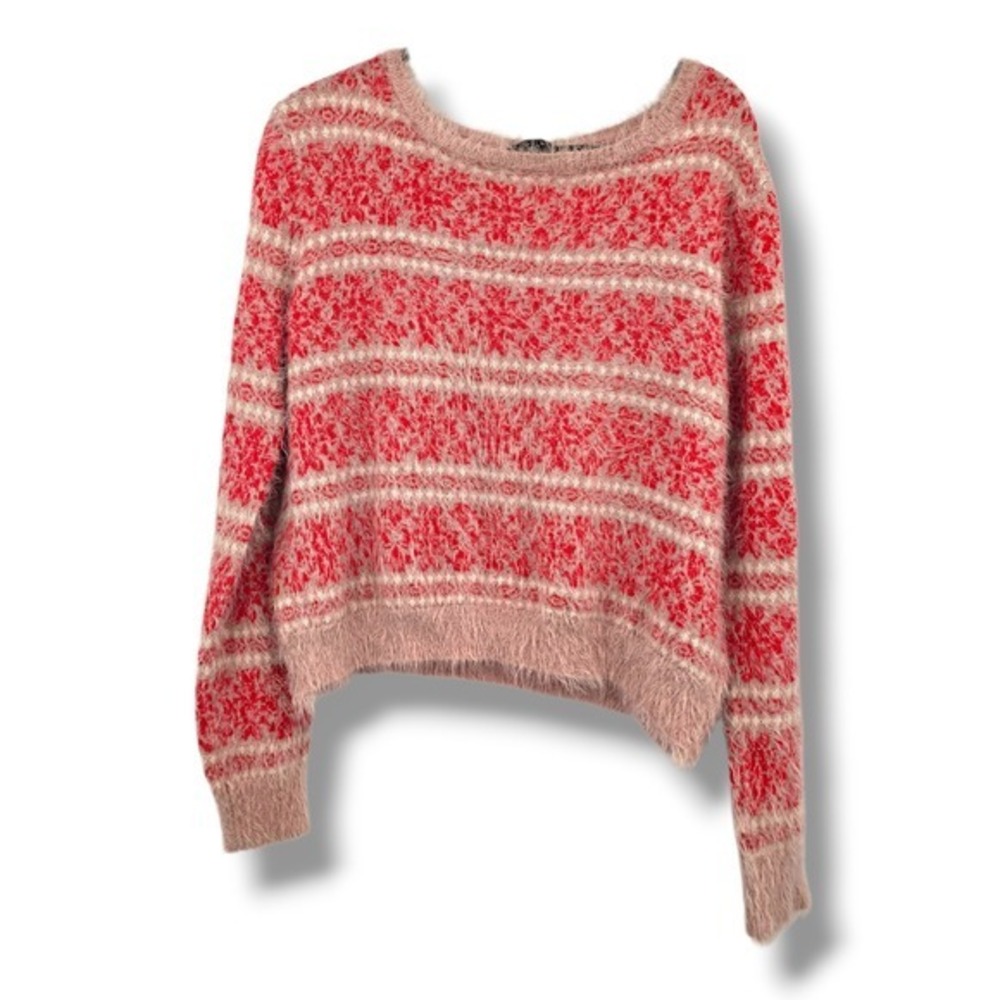 Jessica Simpson Fuzzy Sweater‎ Size M Red Pink Striped Knit Soft Pullover